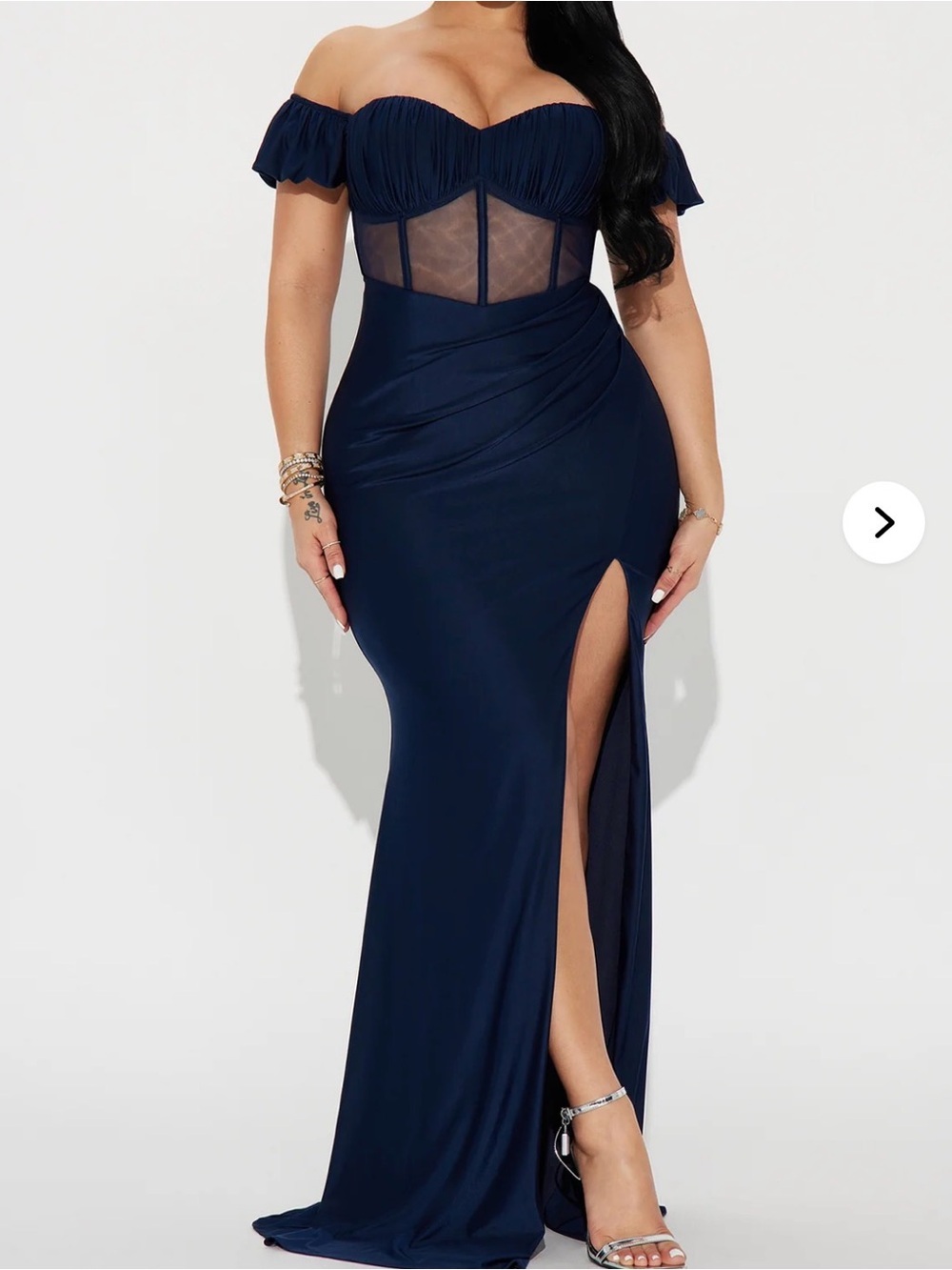 Fashion Nova Navy One-Shoulder Sheer Corset Evening Gown